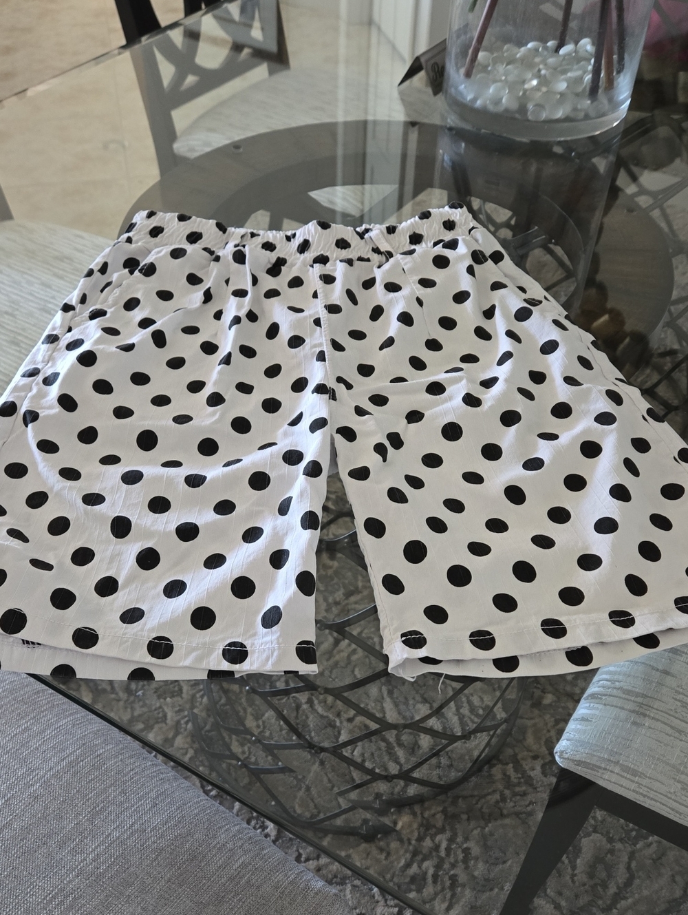 Boutique: White Stretch Bermuda Cuffed Shorts with Black Polka Dots